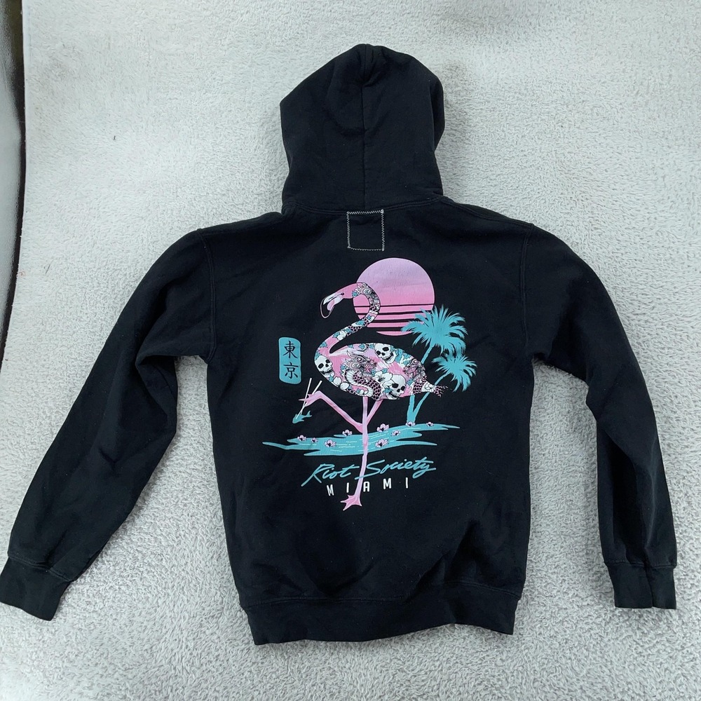 Riot Society Hoodie Womens Small Sweatshirt Tokyo‎ Miami Flamingo Skull Made USA